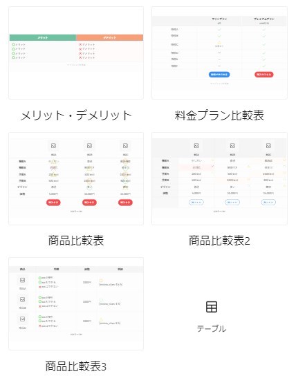 5つのテーブルテンプレート